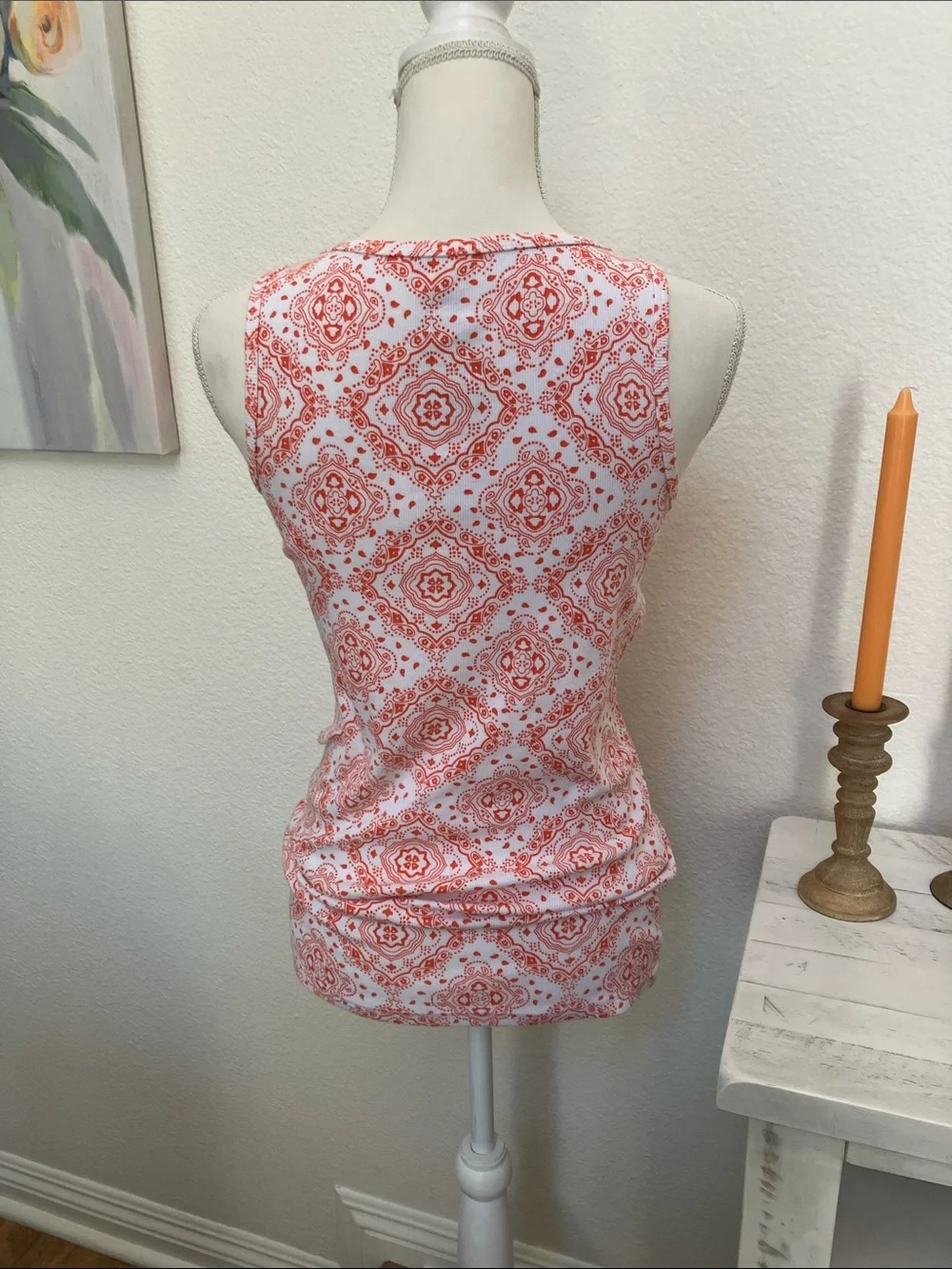 Y2k Faded Glory Coral and White Printed Scoop Neck Tank